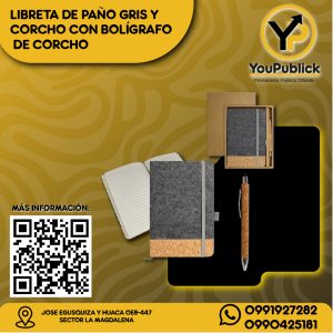 Libreta de Paño Gris y Corcho con Bolígrafo de Corcho